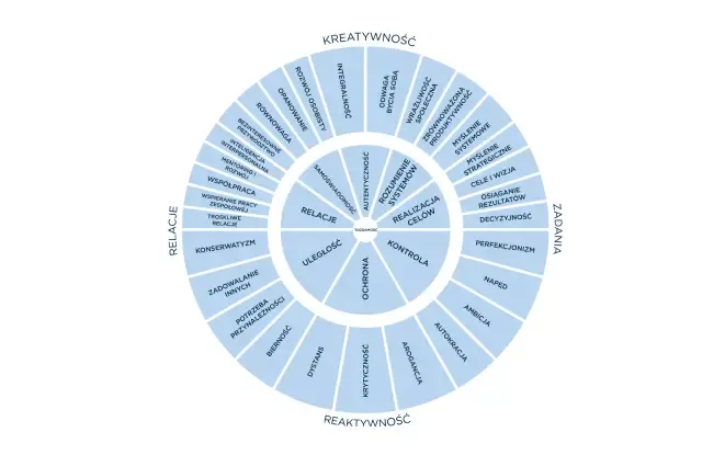 zdjęcie przedstawiające koło z podziałem na kreatywność relacje zadania i reaktywność z dalszymi podziałami na niższych poziomach wszystko w kolorze niebieskim